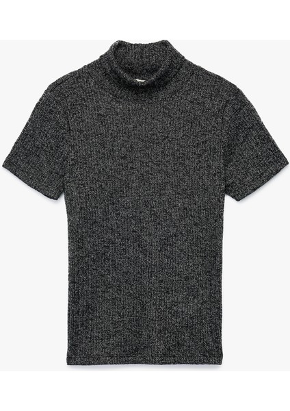 Slim Fit Kaşkorse Simli Balıkçı Yaka Kısa Kollu Tişört