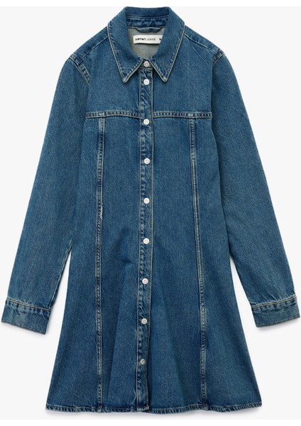 Pamuklu Uzun Kollu Klasik Yaka Düğmeli Volanlı Mini Denim Elbise