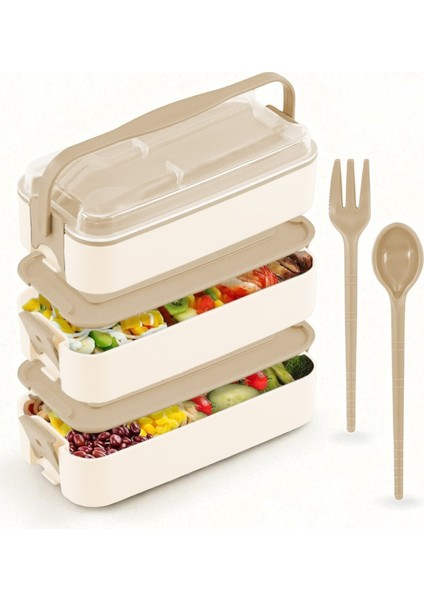 1260 ml 3 Katlı Kapaklı Çatal Bıçaklı Beslenme Kutusu Lunch Box Beslenme Kabı - Kahve