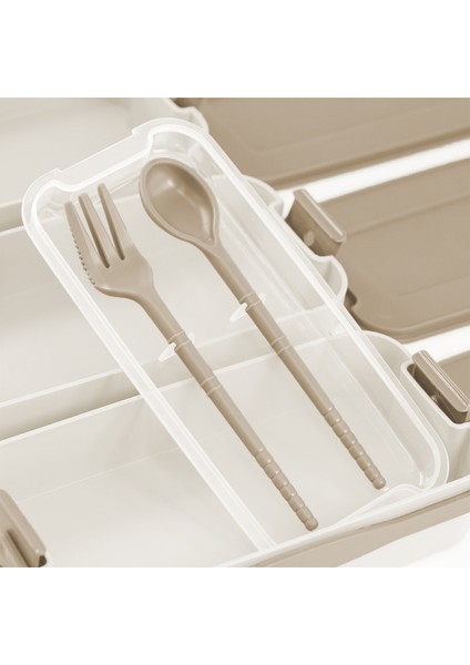 1260 ml 3 Katlı Kapaklı Çatal Bıçaklı Beslenme Kutusu Lunch Box Beslenme Kabı - Kahve modelleri