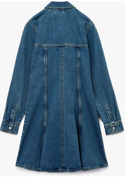 Pamuklu Uzun Kollu Klasik Yaka Düğmeli Volanlı Mini Denim Elbise fiyatları