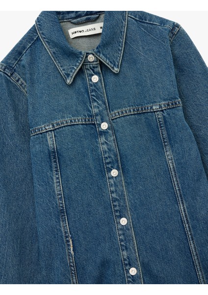 Pamuklu Uzun Kollu Klasik Yaka Düğmeli Volanlı Mini Denim Elbise modelleri