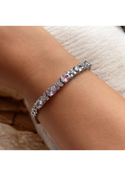 Oval ve Çiçek Taşlı Zincirli Klipsli Çelik Bileklik fiyatları