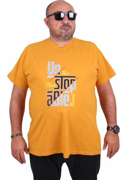 Erkek Büyük Beden Sıfır Yaka Tişört Un Stop Able 25181 Hardal