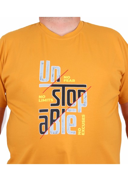 Erkek Büyük Beden Sıfır Yaka Tişört Un Stop Able 25181 Hardal fiyatları