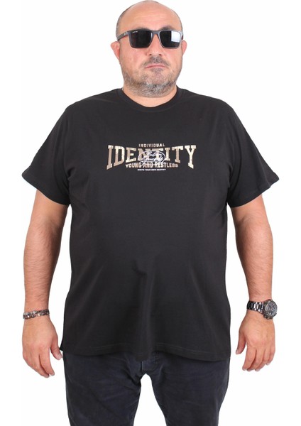 Erkek Büyük Beden Sıfır Yaka Tişört Identity 25189 Sıyah
