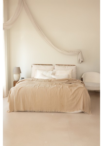 Bej 3 Katlı Müslin Çift Kişilik Müslin Yatak Örtüsü Battal Boy Müslin Püsküllü Müslin Pike 240X240CM modelleri