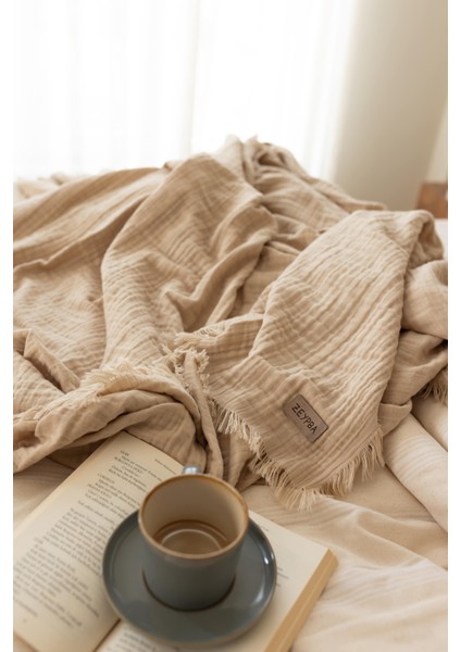 Bej 3 Katlı Müslin Çift Kişilik Müslin Yatak Örtüsü Battal Boy Müslin Püsküllü Müslin Pike 240X240CM fırsatları