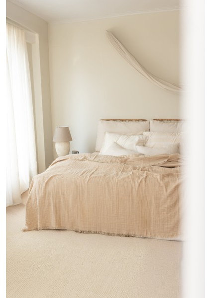 Bej 3 Katlı Müslin Çift Kişilik Müslin Yatak Örtüsü Battal Boy Müslin Püsküllü Müslin Pike 240X240CM indirimleri