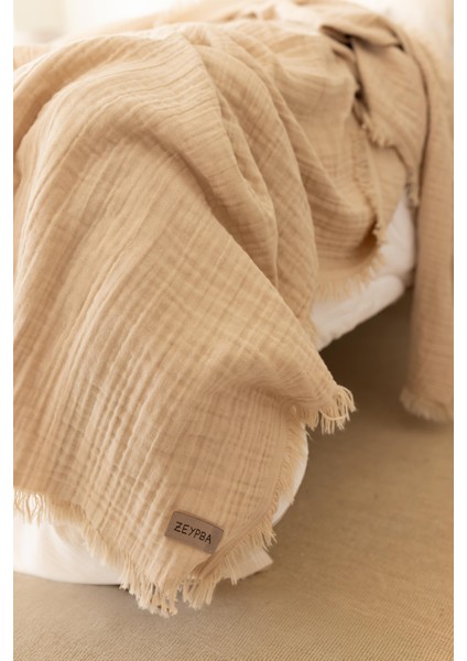 Bej 3 Katlı Müslin Çift Kişilik Müslin Yatak Örtüsü Battal Boy Müslin Püsküllü Müslin Pike 240X240CM