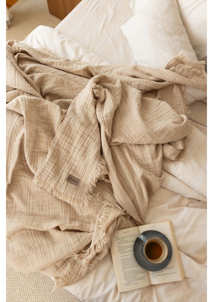 Bej 3 Katlı Müslin Çift Kişilik Müslin Yatak Örtüsü Battal Boy Müslin Püsküllü Müslin Pike 240X240CM fiyatları