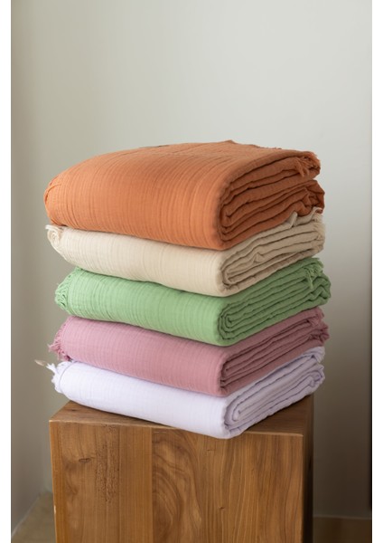 Bej 3 Katlı Müslin Çift Kişilik Müslin Yatak Örtüsü Battal Boy Müslin Püsküllü Müslin Pike 240X240CM