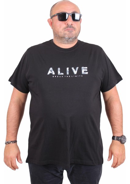Erkek Büyük Beden Sıfır Yaka Tişört Alive 25187 Sıyah