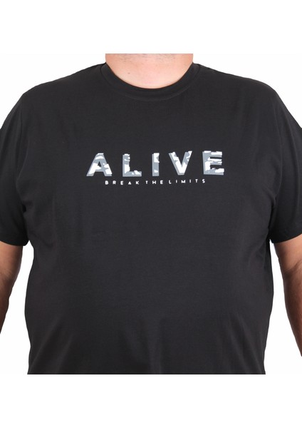 Erkek Büyük Beden Sıfır Yaka Tişört Alive 25187 Sıyah fiyatları