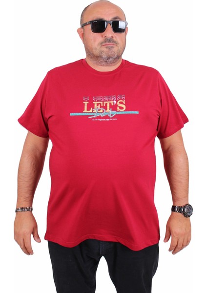 Erkek Büyük Beden Sıfır Yaka Tişört Let's Do It 25186 Bordo