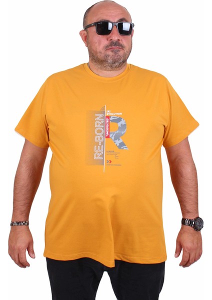 Erkek Büyük Beden Sıfır Yaka Tişört Re-Born 25185 Hardal