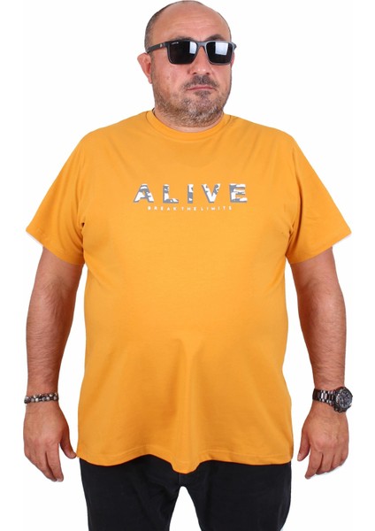 Erkek Büyük Beden Sıfır Yaka Tişört Alive 25187 Hardal