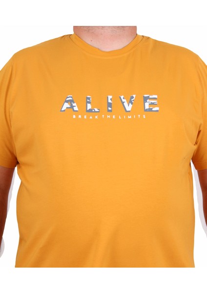 Erkek Büyük Beden Sıfır Yaka Tişört Alive 25187 Hardal fiyatları