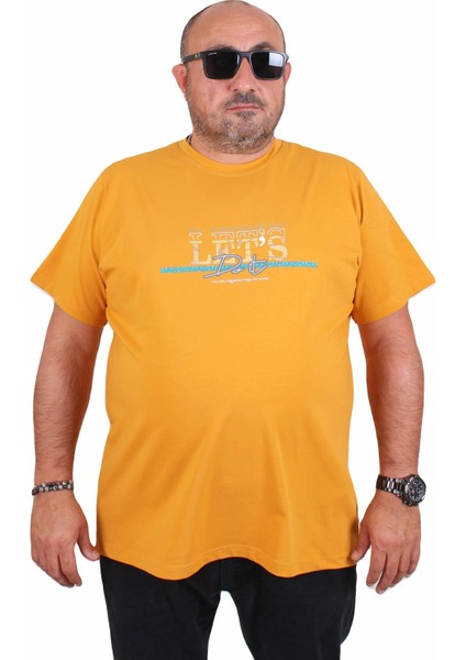 Erkek Büyük Beden Sıfır Yaka Tişört Let's Do It 25186 Hardal