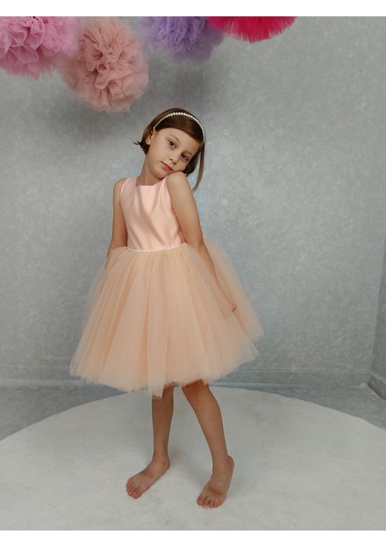 Kız Çocuk Ada Model Abiye Somon Bel Incili Elbise