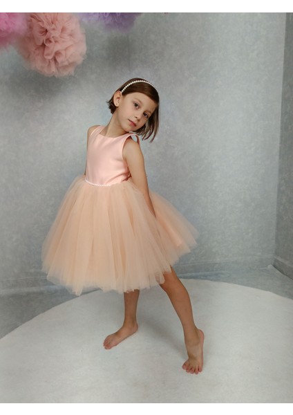 Kız Çocuk Ada Model Abiye Somon Bel Incili Elbise fiyatları