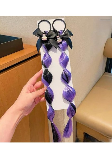 Kuromi Anime Model Siyah Saten Fiyonk Detaylı Bukle Lila Siyah Saç Çocuk 2 Li Lastik Toka