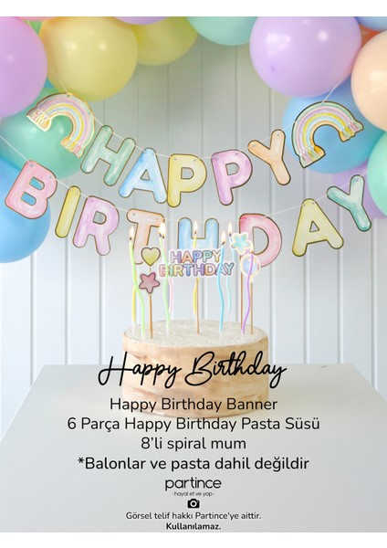 3 Parça Gökkuşağı Happy Birthday Doğum Günü Süsü Happy Birthday Pasta Süsleme Seti