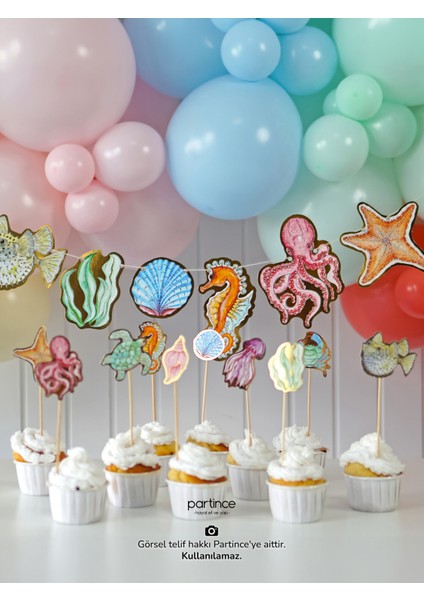 3 Parça Deniz Canlıları Tema Pasta Süsü Cake Topper Banner ve 6'lı Metalik Gold Mum Doğum Günü Süsleme Parti Seti fiyatları