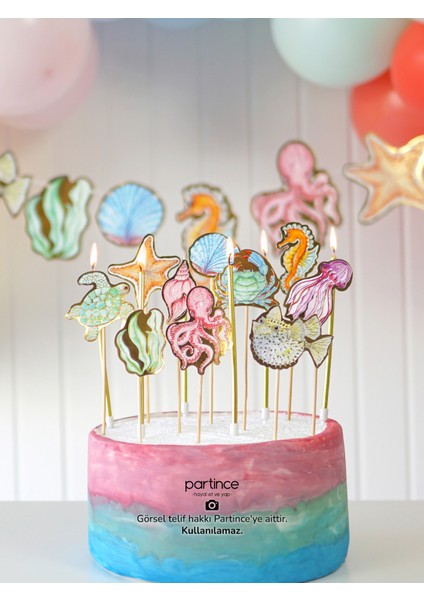 3 Parça Deniz Canlıları Tema Pasta Süsü Cake Topper Banner ve 6'lı Metalik Gold Mum Doğum Günü Süsleme Parti Seti