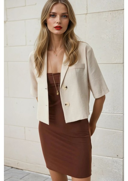 Kadın Bej Kısa Kollu Şal Yaka Düğmeli Mevsimlik Keten Ayrobin Ceket HZL24S-BD107061 fiyatları