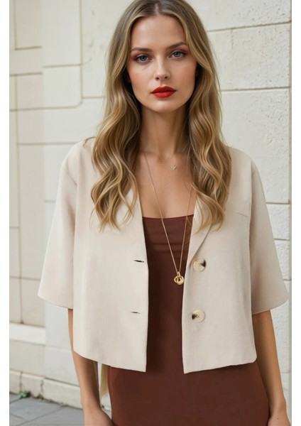 Kadın Bej Kısa Kollu Şal Yaka Düğmeli Mevsimlik Keten Ayrobin Ceket HZL24S-BD107061