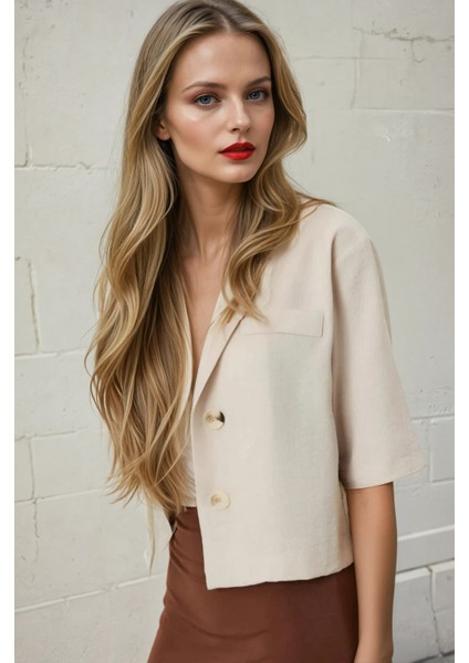 Kadın Bej Kısa Kollu Şal Yaka Düğmeli Mevsimlik Keten Ayrobin Ceket HZL24S-BD107061 modelleri