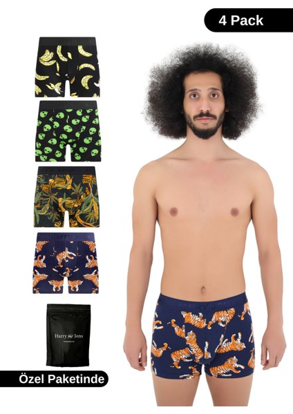 Erkek Desenli Renkli Pamuklu Boxer 4'lü Paket