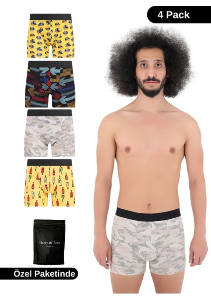 Erkek Desenli Renkli Pamuklu Boxer 4'lü Paket
