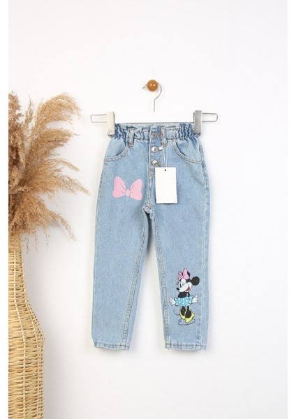 Kız Çocuk Beli Lastikli Yumuşak Kumaş Karakter Baskılı Kot Pantolon