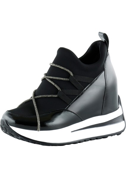 Mevira Plus Siyah Rugan Streç Gümüş Zincirli Beyaz Tabanlı Gizli Dolgu Topuklu Günlük Ayakkabı