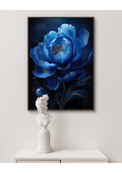 Metal Çerçeveli Gerçek Camlı Tablo, Dijital Baskı, Mavi Şakayık Çiçeği, Salon Ofis Dekorasyon, Tablo
