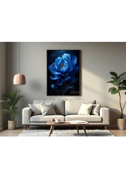 Metal Çerçeveli Gerçek Camlı Tablo, Dijital Baskı, Mavi Şakayık Çiçeği, Salon Ofis Dekorasyon, Tablo