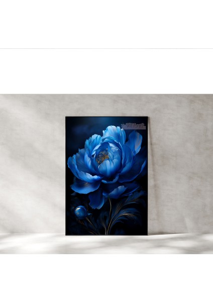 Metal Çerçeveli Gerçek Camlı Tablo, Dijital Baskı, Mavi Şakayık Çiçeği, Salon Ofis Dekorasyon, Tablo