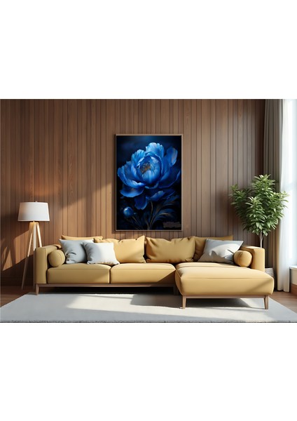 Metal Çerçeveli Gerçek Camlı Tablo, Dijital Baskı, Mavi Şakayık Çiçeği, Salon Ofis Dekorasyon, Tablo