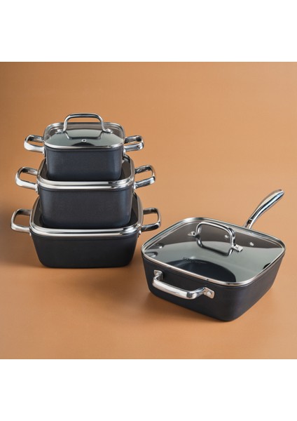 8 Parça Derin Tencere Seti Bio Diamond Kaplama İndüksiyon Taban Ergonomik Saplı 16-20-24 cm