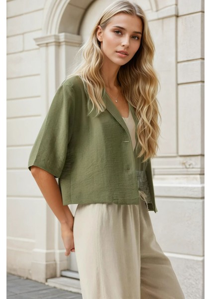 Kadın Haki Kısa Kollu Şal Yaka Düğmeli Mevsimlik Keten Ayrobin Ceket HZL24S-BD107061 modelleri