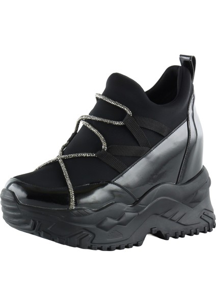 Mevira Siyah Rugan Streç Gümüş Zincirli Gizli Dolgu Topuklu Günlük Ayakkabı