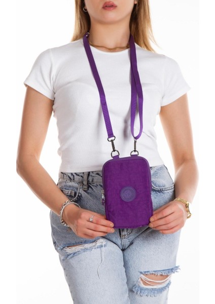 Kadın Krinkıl Kumaş Telefonluk Günlük Cüzdan ve Omuz Çantası NEW124 - Mor fiyatları