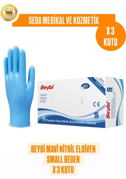 3 Kutu Pudrasız Mavi Nitril Muayene Eldiveni- Small Beden