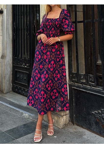 Gipeli Lacivert-Fuşya Yırtmaçlı Elbise