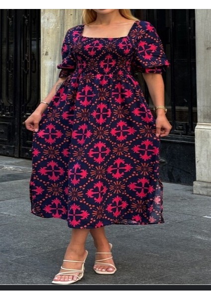 Gipeli Lacivert-Fuşya Yırtmaçlı Elbise fiyatları