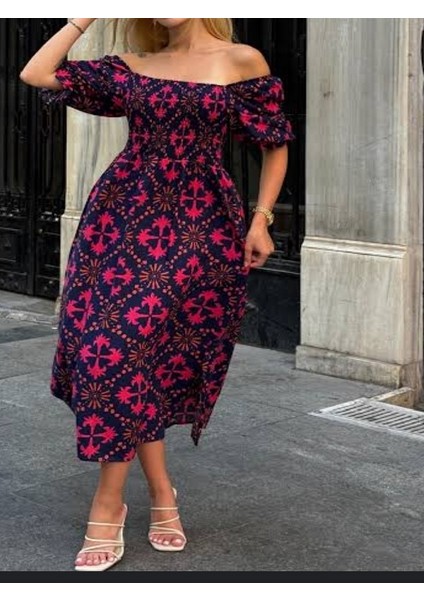 Gipeli Lacivert-Fuşya Yırtmaçlı Elbise modelleri