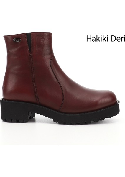 Kadın Antik Bordo Fermuarlı Kalın Topuklu Hakiki Deri Bot