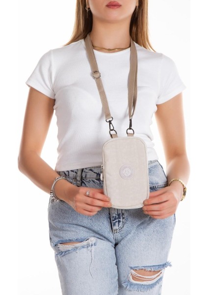 Kadın Krinkıl Kumaş Telefonluk Günlük Cüzdan ve Omuz Çantası NEW124 - Bej fiyatları